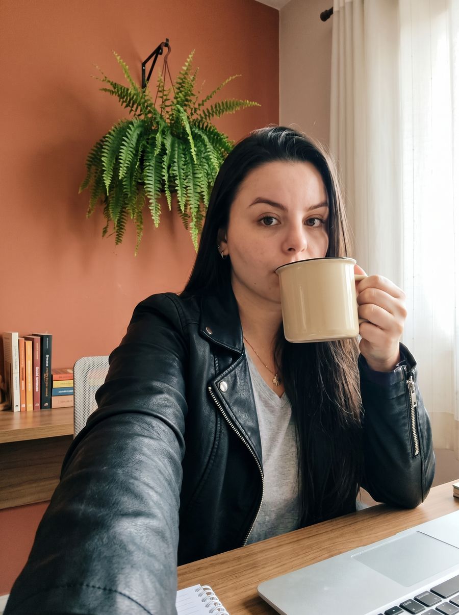Kailany tomando café no escritório