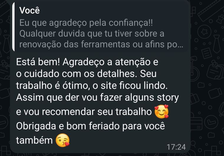 Depoimento: Agradeço a atenção e o cuidado com os detalhes. Seu trabalho é ótimo, o site ficou lindo. Vou recomendar seu trabalho.