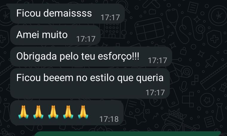 Depoimento: Ficou demais. Amei muito. Obrigada pelo teu esforço! Ficou bem no estilo que eu queria.