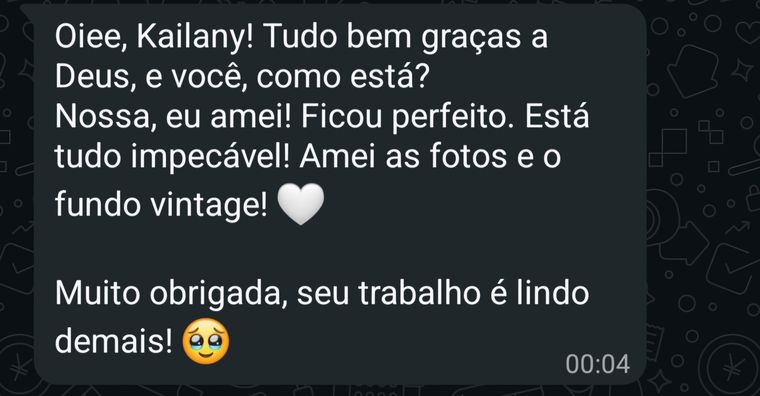 Depoimento: Nossa, eu amei! Ficou perfeito. Está tudo impecável! Amei as fotos e o fundo vintage! Seu trabalho é lindo demais!